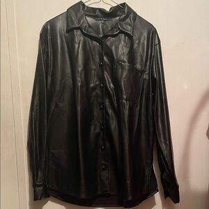 Black Faux Leather Button-Up Shirt women’s